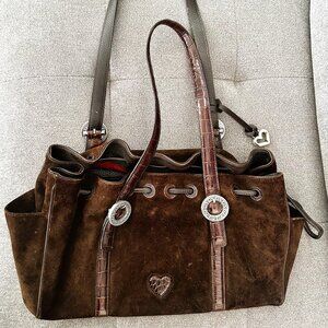 Brown Suede Vintage Brighton Shoulder Purse Bag with Iconic Heart